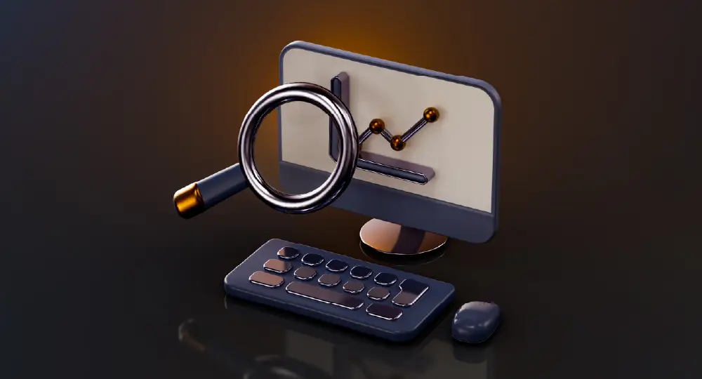 course thumbnail: a computer with a magnifying glass and a keyboard